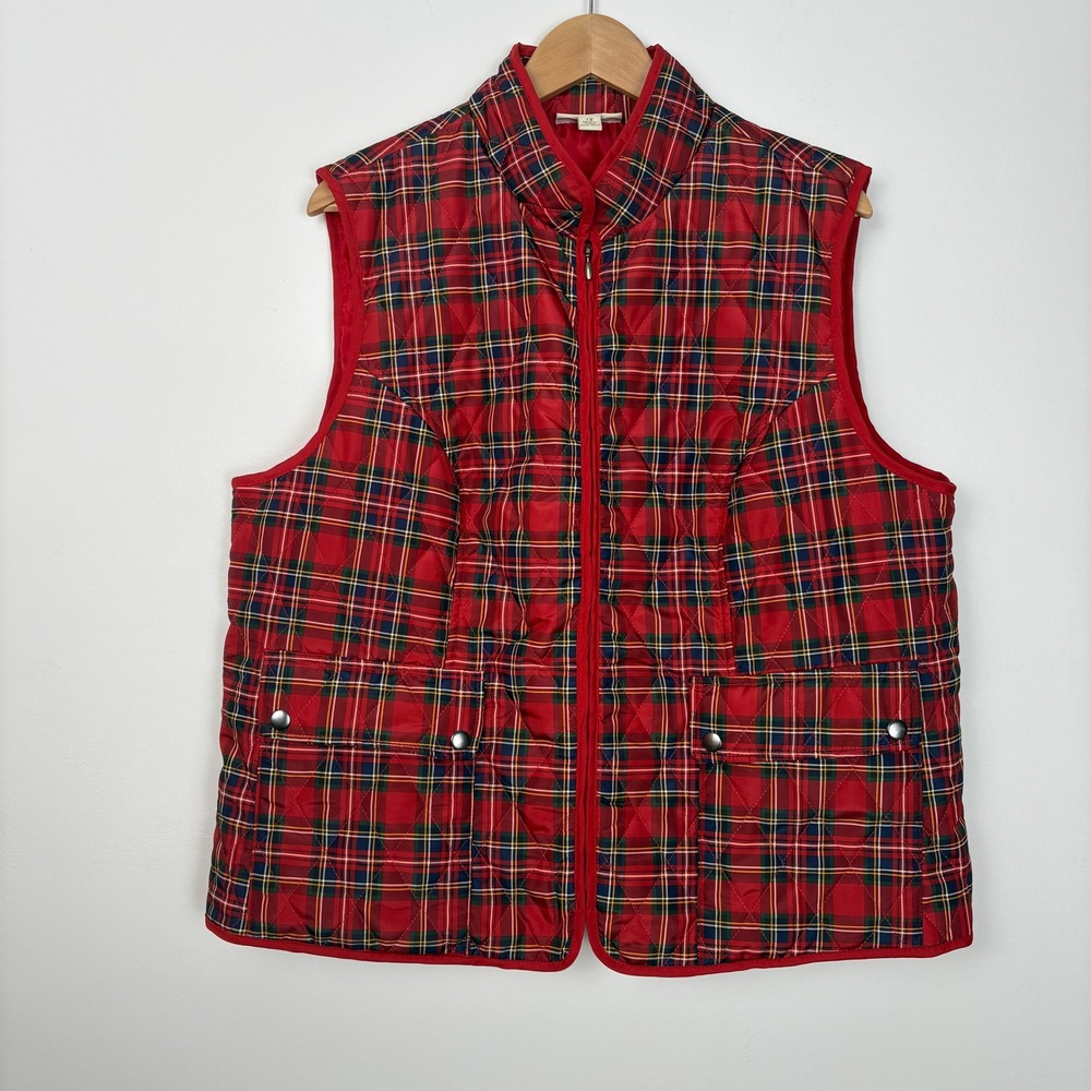 Appleseeds Womens Red Tartan Plaid Quilted Puffer Vest 1X Full Zip Chore Pockets
